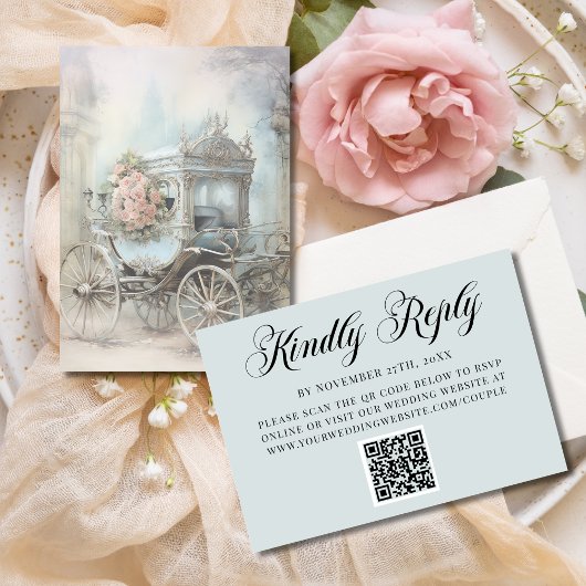 Cartons Réponse Code QR Mariage Conte de Fées Carrosse Enchanté Bl
