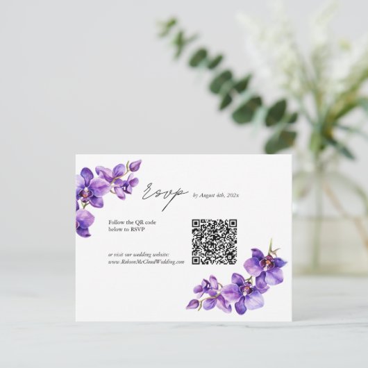 Cartons Réponse Code QR mariage de script Elegant Orchid (Debout devant)