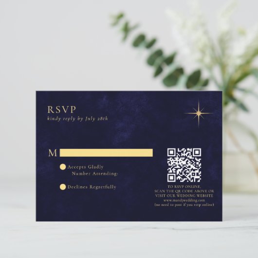 Cartons Réponse Code QR Mariage des étoiles d'or céleste bleu minu (Debout devant)
