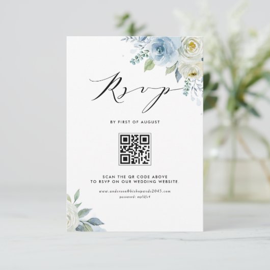 Cartons Réponse Code QR mariage Fleurs Bleues et Blanches Aquarell (Debout devant)