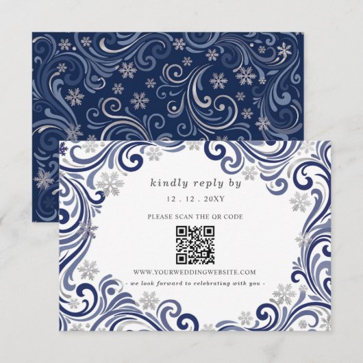 Cartons Réponse Code QR Mariage Hiver Flocons de Neige Navy Argent (Devant / Derrière)