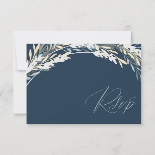 Cartons Réponse Code QR Moderne Mariage Bleu & Argent Feuillage RS (Devant)