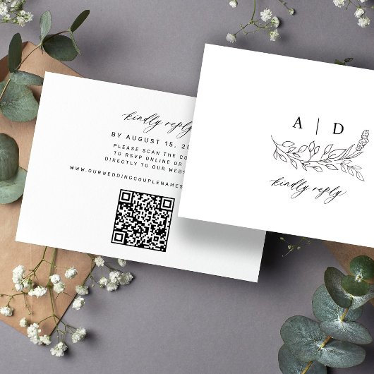 Cartons Réponse Code QR monogramme noir et blanc mariage 