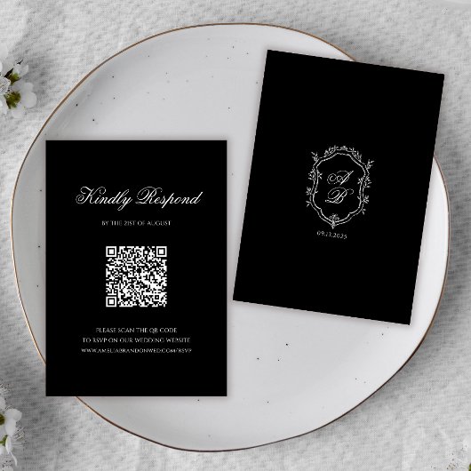Cartons Réponse Code QR noir officiel Monogramme Crest Mariage