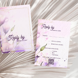 Cartons Réponse Code QR Romantique Fleurs de Lavande Or Mariage
