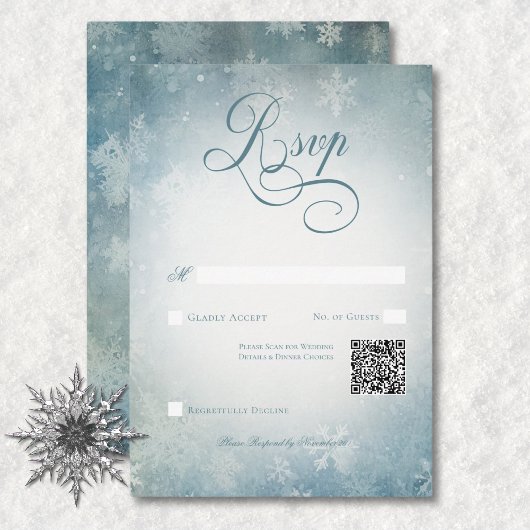 Cartons Réponse Code QR romantique Mariage blanc et bleu neigeux