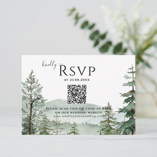 Cartons Réponse Code QR Rustic Mountain Forest Mariage (Debout devant)