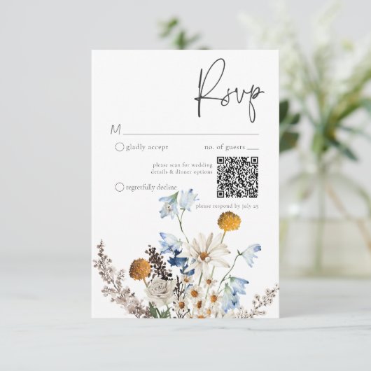 Cartons Réponse Code QR rustique Dusty Blue Fleurs sauvages & datt (Debout devant)