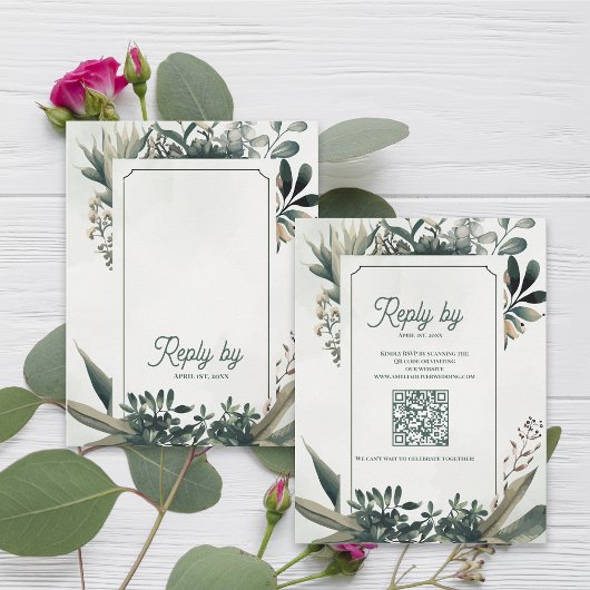 Cartons Réponse Code QR Vert de Sauge Botanique Mariage Verdure