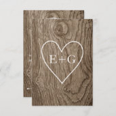 Cartons Réponse Coeur avec initiales grain de bois mariage rustiqu (Devant / Derrière)