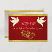 Cartons Réponse Cœur, colombes et ruban - Rouge cramoisi/or (Devant / Derrière)