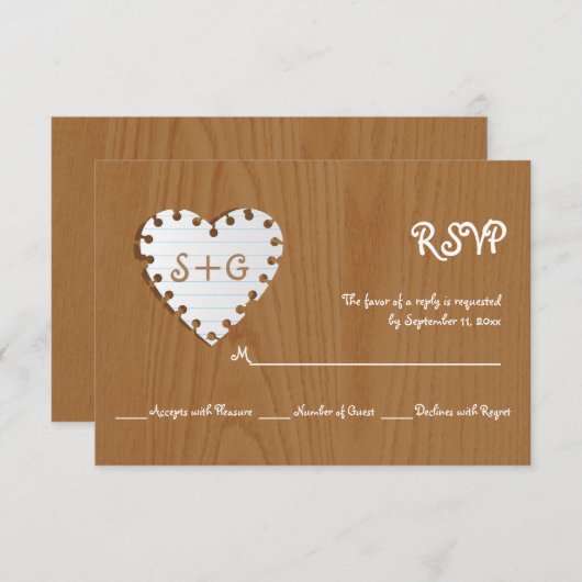 Cartons Réponse Coeur de papier sur bois avec mariage monogramme R (Devant / Derrière)