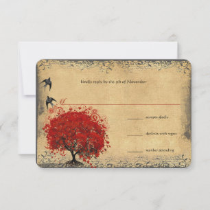 Cartons Réponse Cœur Feuille Arbre Rouge Oiseaux Vintage Mariage R