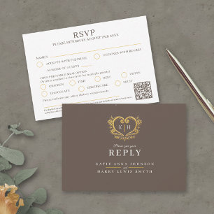 Cartons Réponse Coeur or monogramme brun repas option mariage