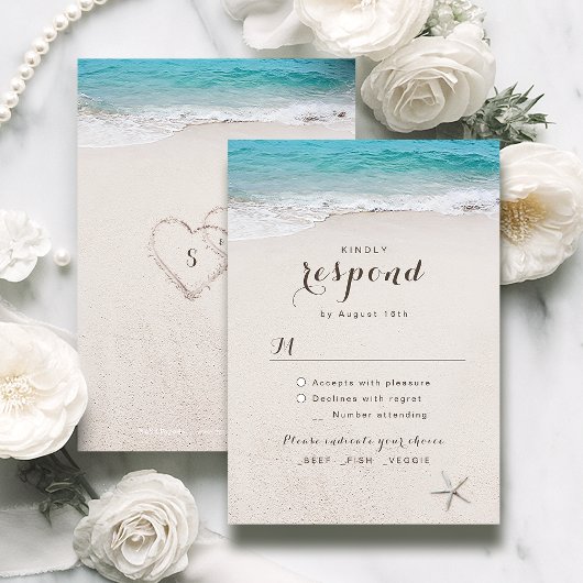 Cartons Réponse Coeurs dans le sable destination mariage plage