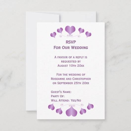 Cartons Réponse Conception de cœurs violets pour un mariage (Devant)