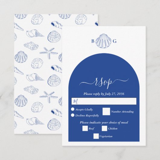 Cartons Réponse Coquilles de palourdes bleues Mariage sur la plage (Devant / Derrière)