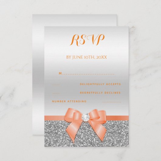 Cartons Réponse Corail romantique Bow & Silver Parties scintillant (Devant / Derrière)
