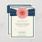 Cartons Réponse Coral Gerbera Daisy Navy Ribbon Response Card (Devant / Derrière)