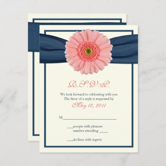 Cartons Réponse Coral Gerbera Daisy Navy Ribbon Response Card (Devant / Derrière)