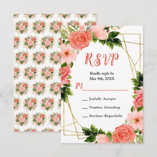 Cartons Réponse Coral Red Roses with Foliage (Devant / Derrière)