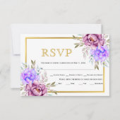 Cartons Réponse Couleur d'eau bleu violet fleurs or cadre mariage (Devant)
