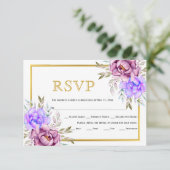 Cartons Réponse Couleur d'eau bleu violet fleurs or cadre mariage (Debout devant)