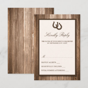 Cartons Réponse Country Rustic Horseshoe & Brown Wood Mariage