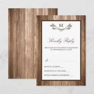 Cartons Réponse Country Rustic Monogram Branche & Mariage bois