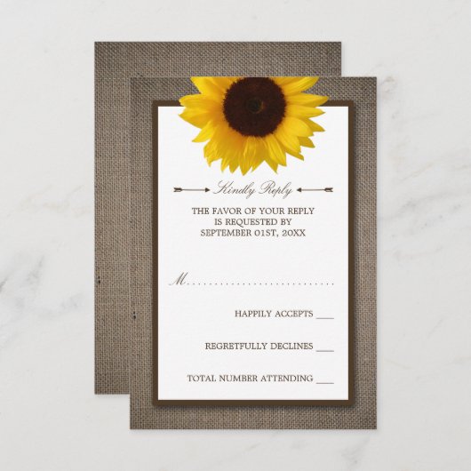Cartons Réponse Country Rustic Tournesol & Mariage Burlap (Devant / Derrière)
