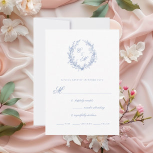 Cartons Réponse Couronne de mariage en bleu poussiéreux avec monog