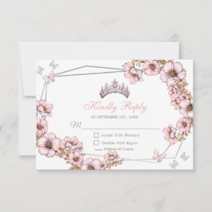 Cartons Réponse Couronne de papillon de Quinceañera en argent rose