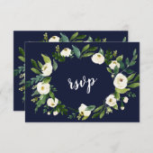 Cartons Réponse Couronne florale blanche aquarelle chic Bleu foncé (Devant / Derrière)
