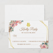 Cartons Réponse Couronne florale géométrique en or blanc mariage c (Devant / Derrière)