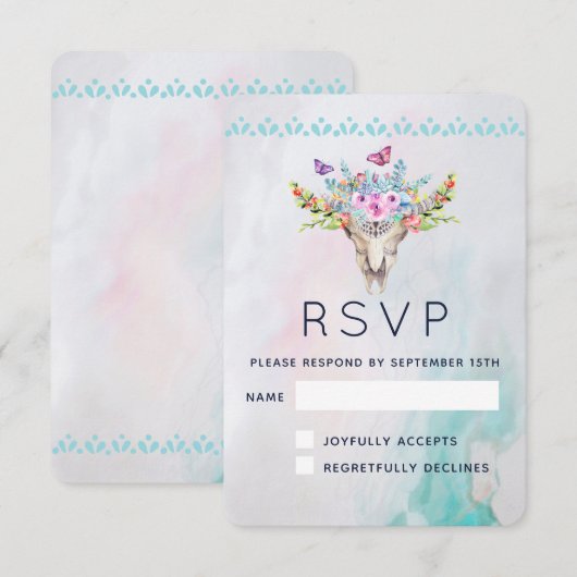 Cartons Réponse Crâne animal Boho avec papillons et fleurs (Devant / Derrière)