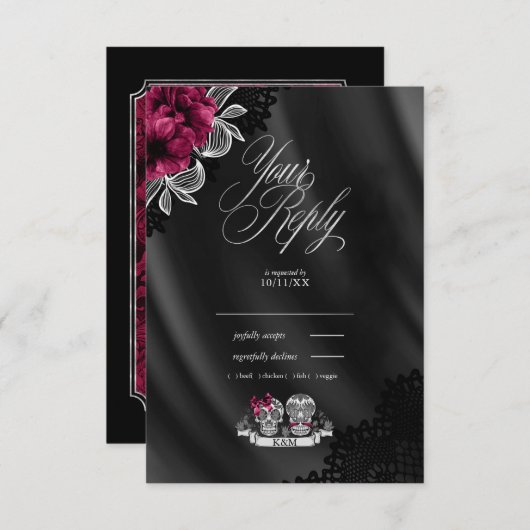 Cartons Réponse Crânes Mariage gothique Bourgogne ID866 (Devant / Derrière)