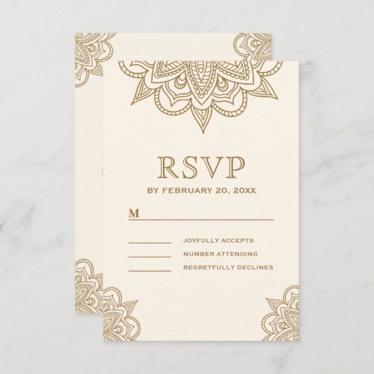 Cartons Réponse Creme et or Henna Mehndi Mariage (Devant / Derrière)
