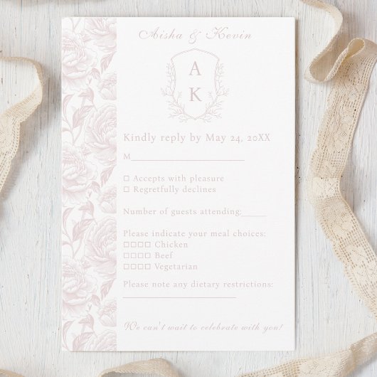 Cartons Réponse Crest Monogram Blush Pink Mariage