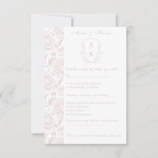 Cartons Réponse Crest Monogram Blush Pink Mariage (Devant)