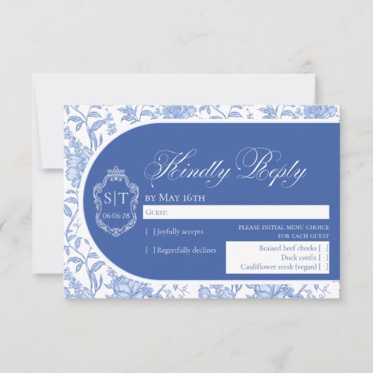 Cartons Réponse Crest Monogram Delft Blue Floral Script (Devant)