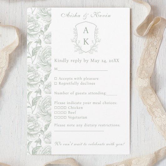 Cartons Réponse Crest Monogram Sage Green Mariage