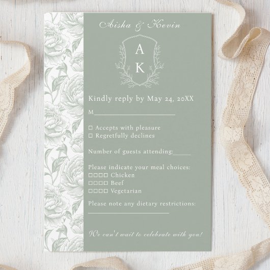 Cartons Réponse Crest Monogram Sage Green Mariage