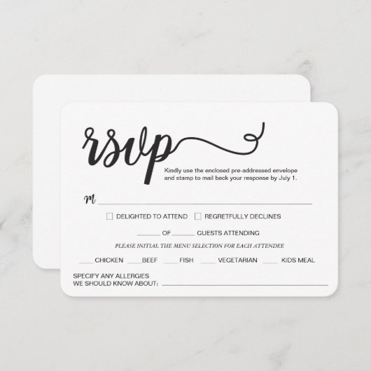 Cartons Réponse Custom Elegant script repas Mariage toute allergie (Devant / Derrière)