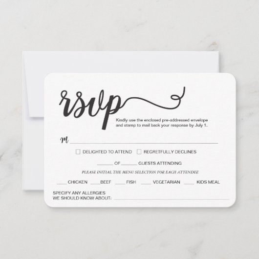 Cartons Réponse Custom Elegant script repas Mariage toute allergie (Devant)