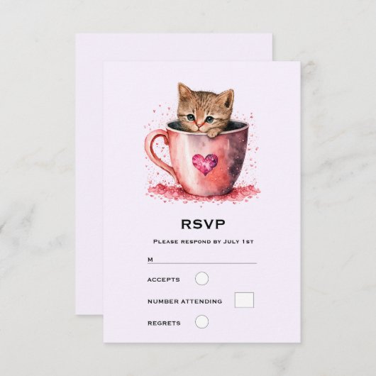 Cartons Réponse Cute Kitten dans un Teacup avec les coeurs (Devant / Derrière)