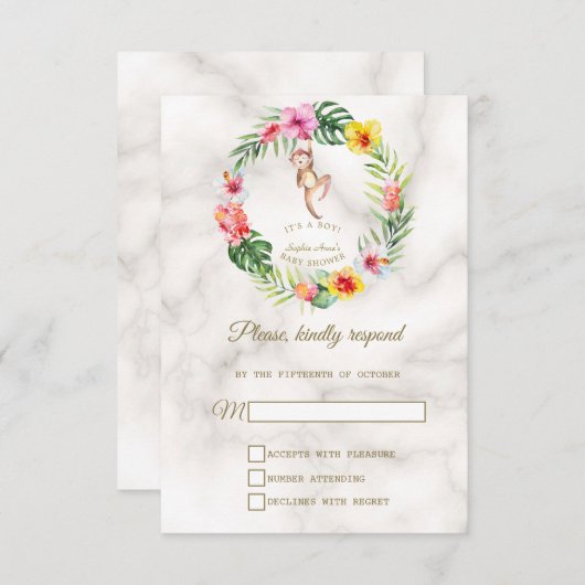 Cartons Réponse Cute Monkey Tropical Floral Boy Baby shower (Devant / Derrière)