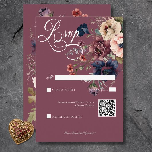 Cartons Réponse Dark Moody Bourgogne Oval Floral Frame QR Code