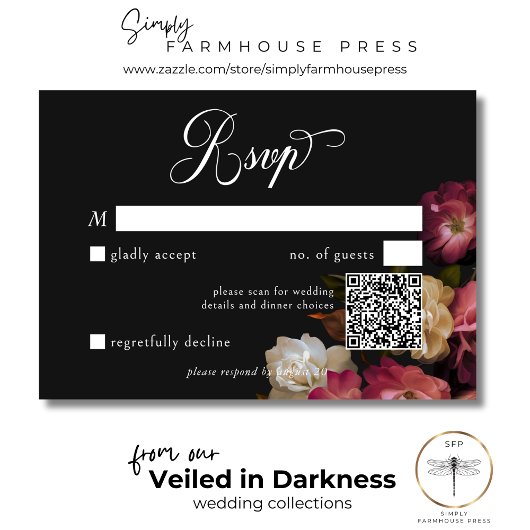 Cartons Réponse Dark Moody Burgundy & Cream Peonies Black QR Code