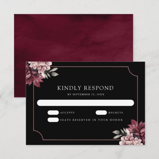Cartons Réponse Dark Moody Floral Frame Black Wedding (Devant / Derrière)