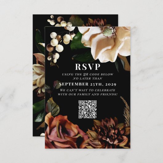 Cartons Réponse Dark Moody Magnolia Code QR Mariage Veuillez répon (Devant / Derrière)
